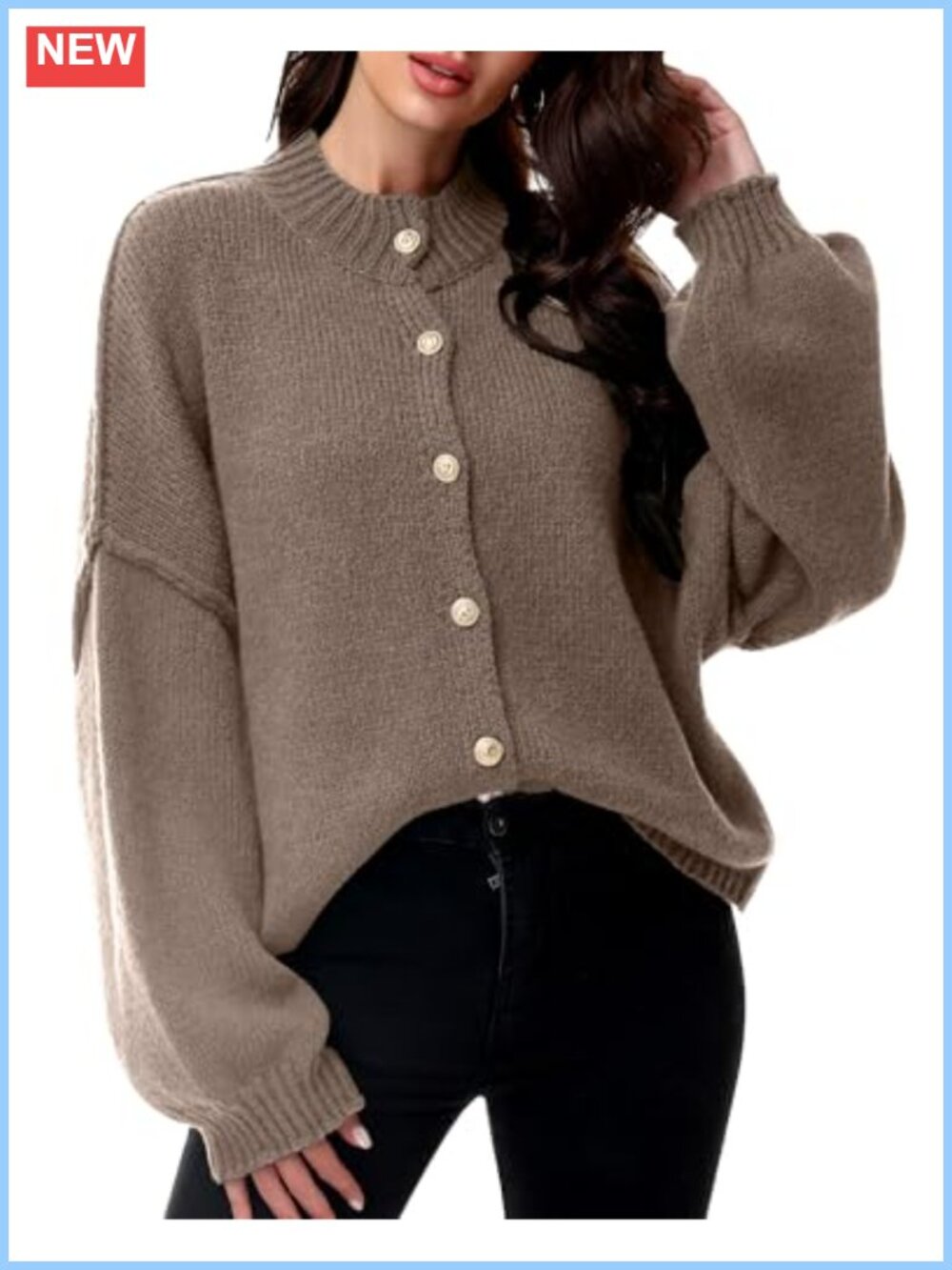 Chunky Knit Cardigan Mock Neck Lantern Sleeve Women's Sweater